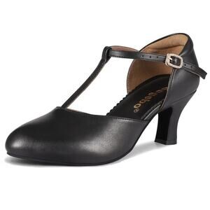 Women's Latin Ballroom Dancing Heels  Pumps T-Strap Character Shoes, Black 6